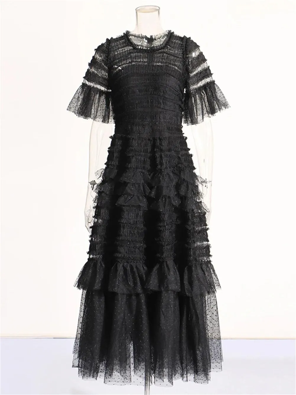 Women Solid O Neck Short Sleeve High Waist Spliced Folds Dress Casual Beach Party Dresses