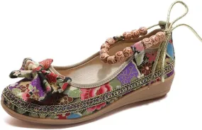 Women's Beading Round Toe Floral Embroidered Shoes Women Lace Up Colorful Casual Ballet Flats Shoes