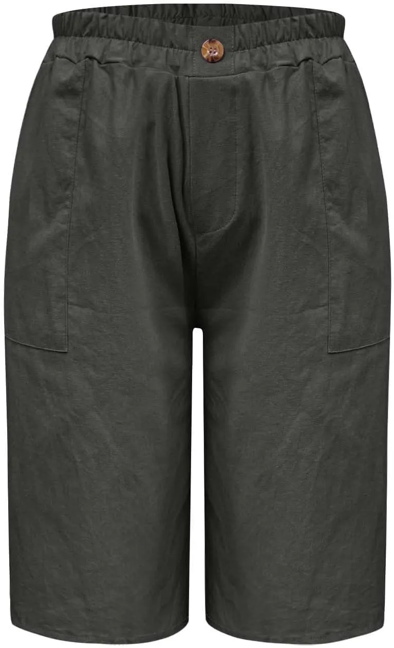 Womens Linen Bermuda Shorts Knee Length High Waisted Capris with Pockets Loose Fit Wide Leg Shorts for Summer