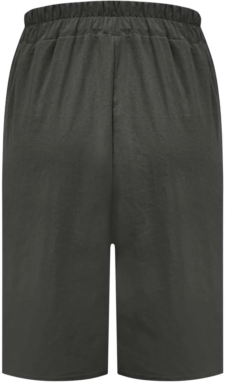 Womens Linen Bermuda Shorts Knee Length High Waisted Capris with Pockets Loose Fit Wide Leg Shorts for Summer