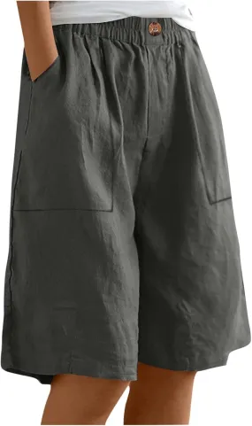 Womens Linen Bermuda Shorts Knee Length High Waisted Capris with Pockets Loose Fit Wide Leg Shorts for Summer