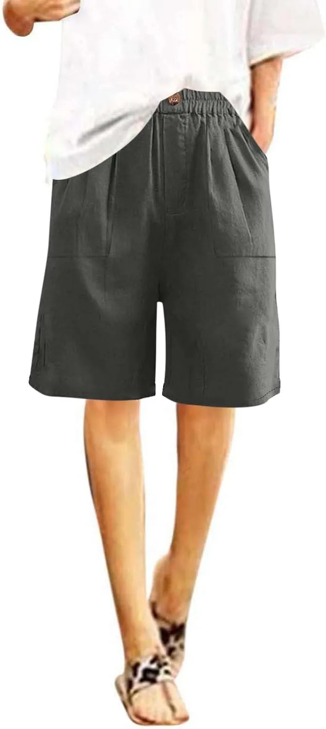 Womens Linen Bermuda Shorts Knee Length High Waisted Capris with Pockets Loose Fit Wide Leg Shorts for Summer