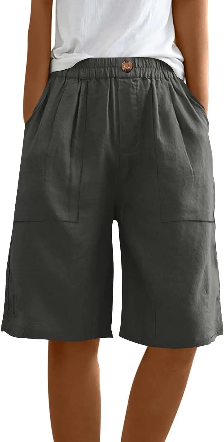 Womens Linen Bermuda Shorts Knee Length High Waisted Capris with Pockets Loose Fit Wide Leg Shorts for Summer