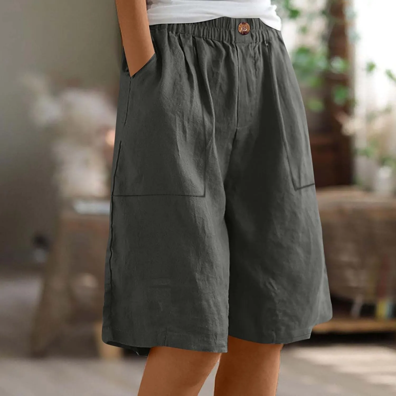 Womens Linen Bermuda Shorts Knee Length High Waisted Capris with Pockets Loose Fit Wide Leg Shorts for Summer