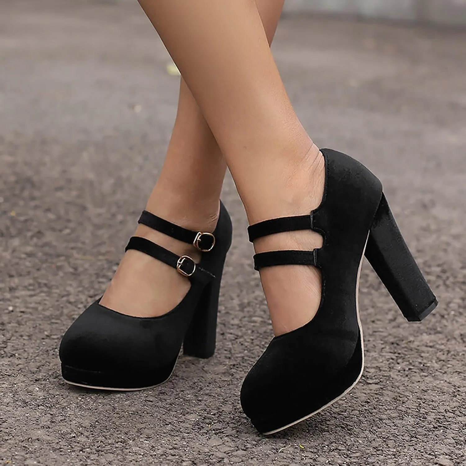 Womens Mary Jane Black Office Shoes Closed Toe Heels Chunky Heel Work Pumps Comfort Round Toe Dress Shoes