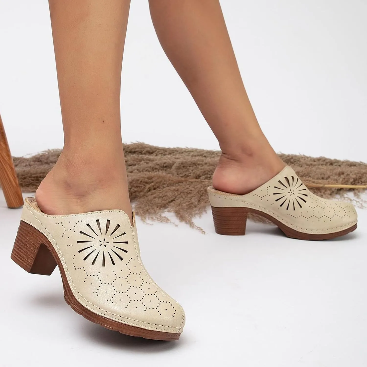 Women's Mules & Clogs Chunky Heel Spring Shoes Closed Toe Hollow Sandals Retro Slip On Slides Loafer Platform Mules