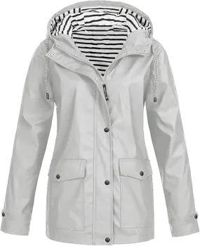 Womens Rain Jacket with Hood 2024 Fall Waterproof Plus Size Stripe Lined Zipper Lightweight Windbreaker Outdoor Coat