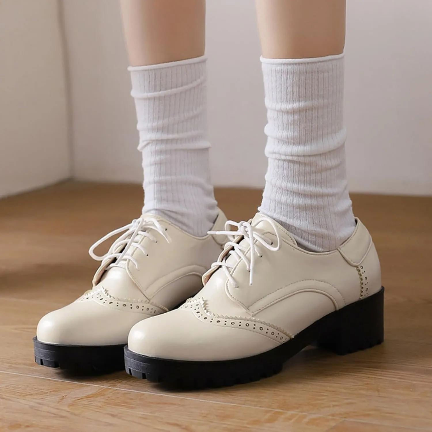 Women's Round Toe Lace-Up Low Platform Chunky Heel Block Oxfords Pumps Comfortable Derby Wingtip Saddle Brogues Loafers Shoes