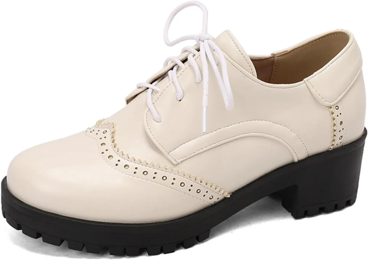 Women's Round Toe Lace-Up Low Platform Chunky Heel Block Oxfords Pumps Comfortable Derby Wingtip Saddle Brogues Loafers Shoes