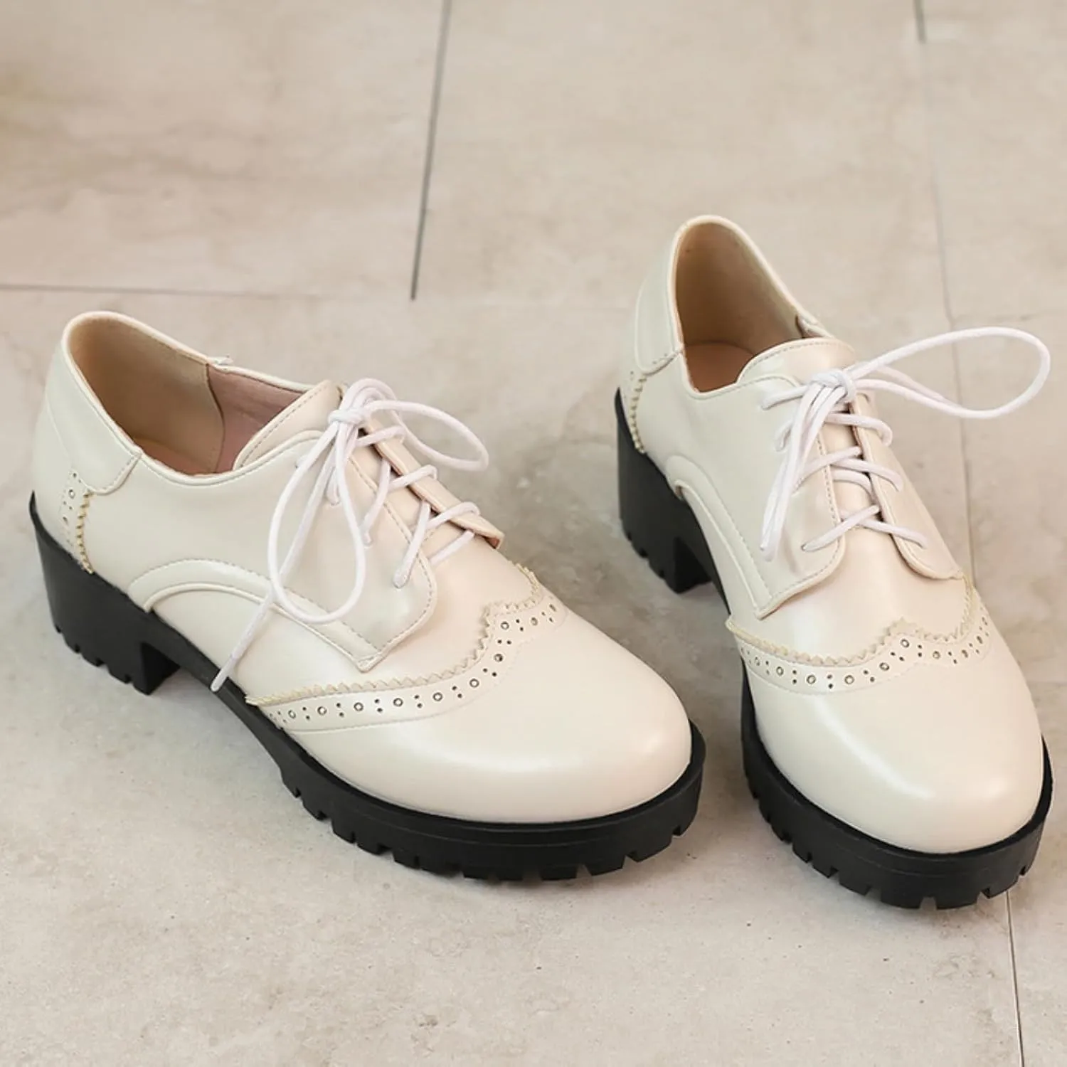 Women's Round Toe Lace-Up Low Platform Chunky Heel Block Oxfords Pumps Comfortable Derby Wingtip Saddle Brogues Loafers Shoes