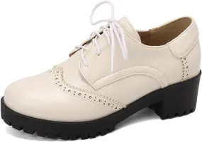 Women's Round Toe Lace-Up Low Platform Chunky Heel Block Oxfords Pumps Comfortable Derby Wingtip Saddle Brogues Loafers Shoes