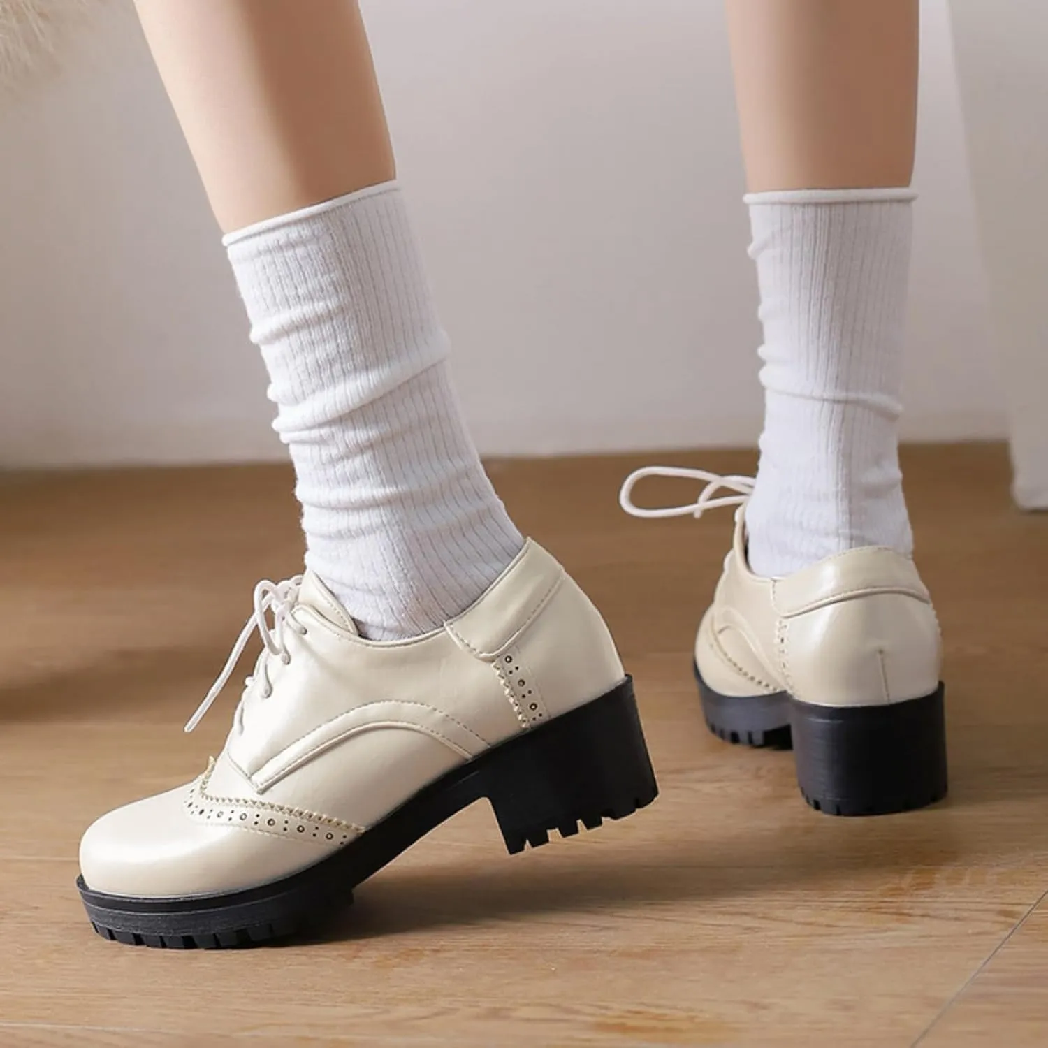 Women's Round Toe Lace-Up Low Platform Chunky Heel Block Oxfords Pumps Comfortable Derby Wingtip Saddle Brogues Loafers Shoes