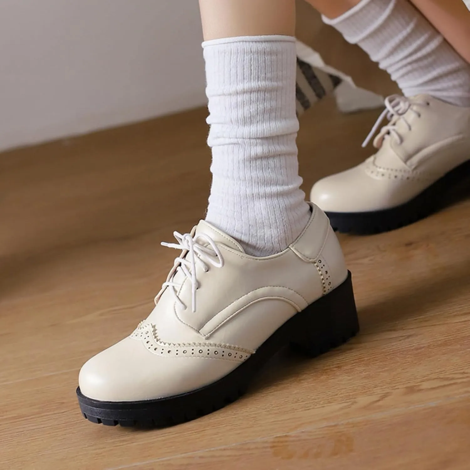 Women's Round Toe Lace-Up Low Platform Chunky Heel Block Oxfords Pumps Comfortable Derby Wingtip Saddle Brogues Loafers Shoes