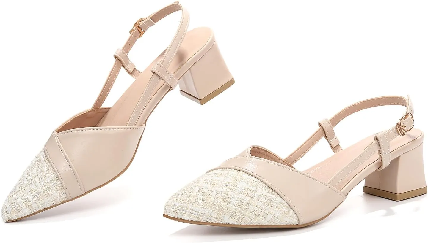 Women's Slingback Closed Pointed Toe Pumps Low Chunky Heels Wedding Party Dress Shoes, Model SR-A06