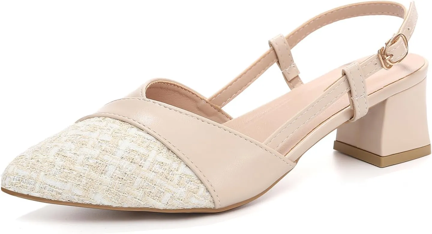 Women's Slingback Closed Pointed Toe Pumps Low Chunky Heels Wedding Party Dress Shoes, Model SR-A06