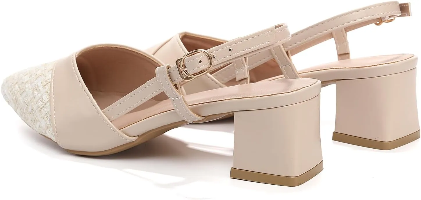 Women's Slingback Closed Pointed Toe Pumps Low Chunky Heels Wedding Party Dress Shoes, Model SR-A06
