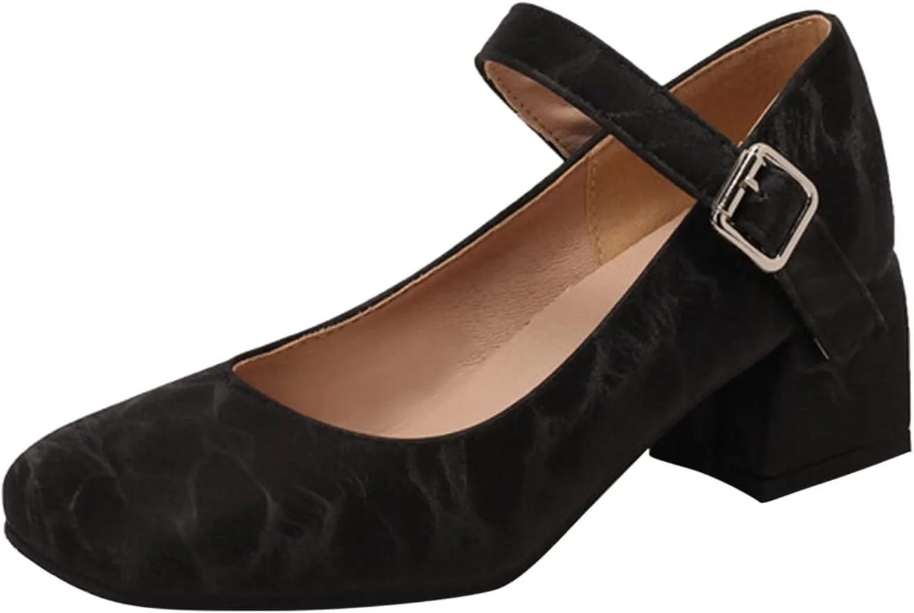 Work Shoes Women Non Slip Mary Jane Closed Toe Chunky Heels Square Toe Dress Shoes T Strap Block Pumps