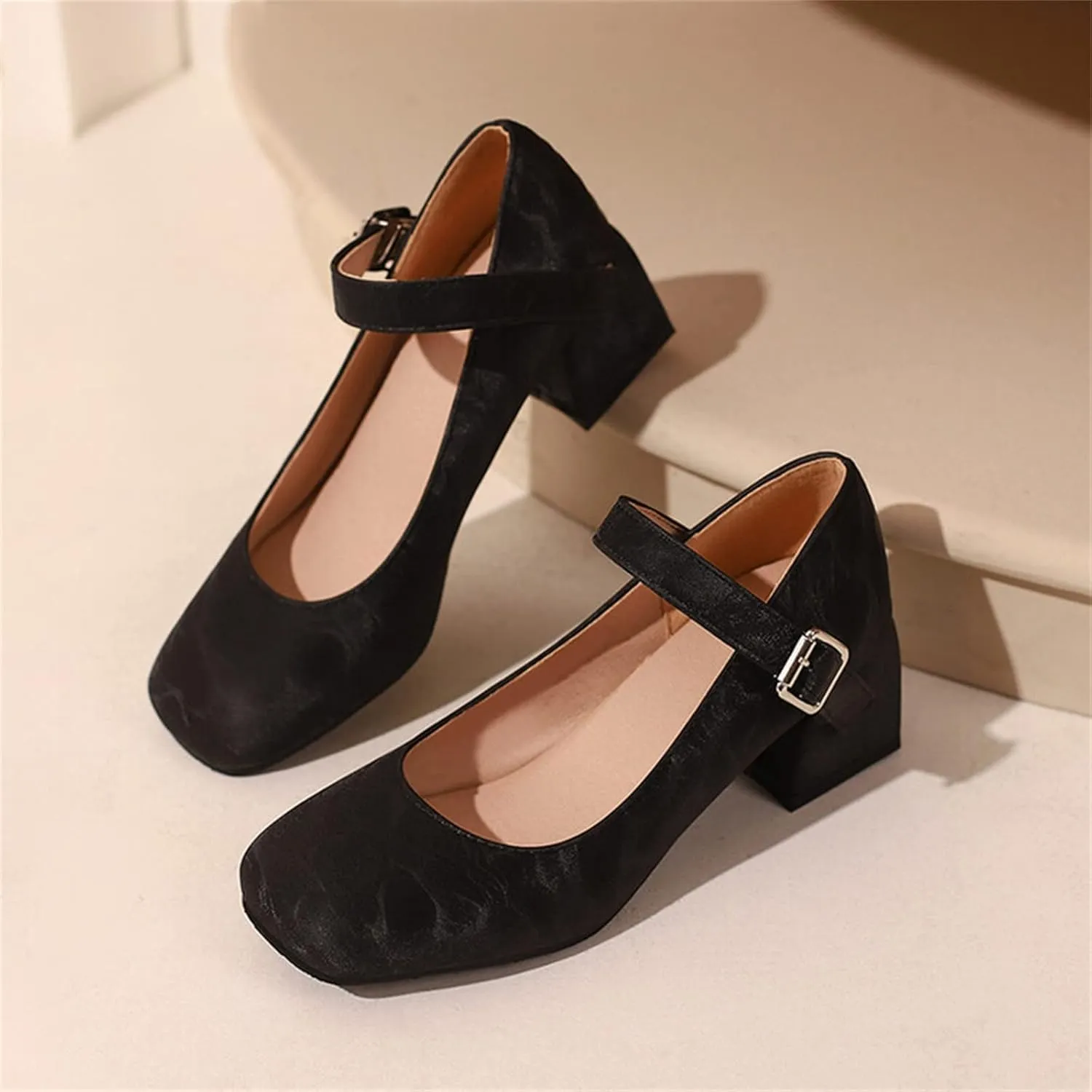Work Shoes Women Non Slip Mary Jane Closed Toe Chunky Heels Square Toe Dress Shoes T Strap Block Pumps