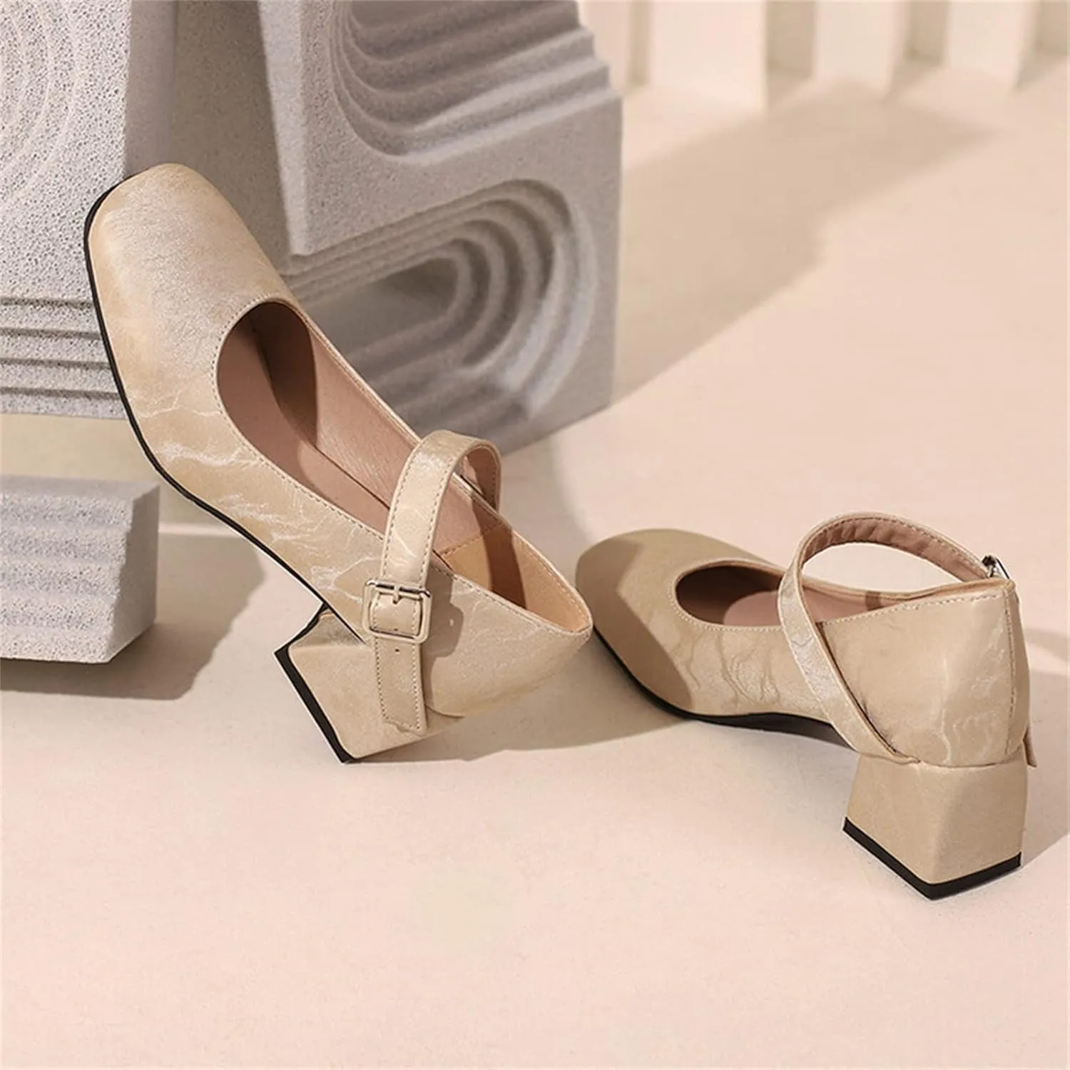 Work Shoes Women Non Slip Mary Jane Closed Toe Chunky Heels Square Toe Dress Shoes T Strap Block Pumps